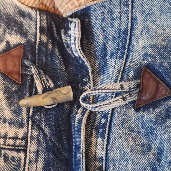 Izzi vintage 80s stone washed denim with leather accents long jacket/coat L - Picture 6 of 14